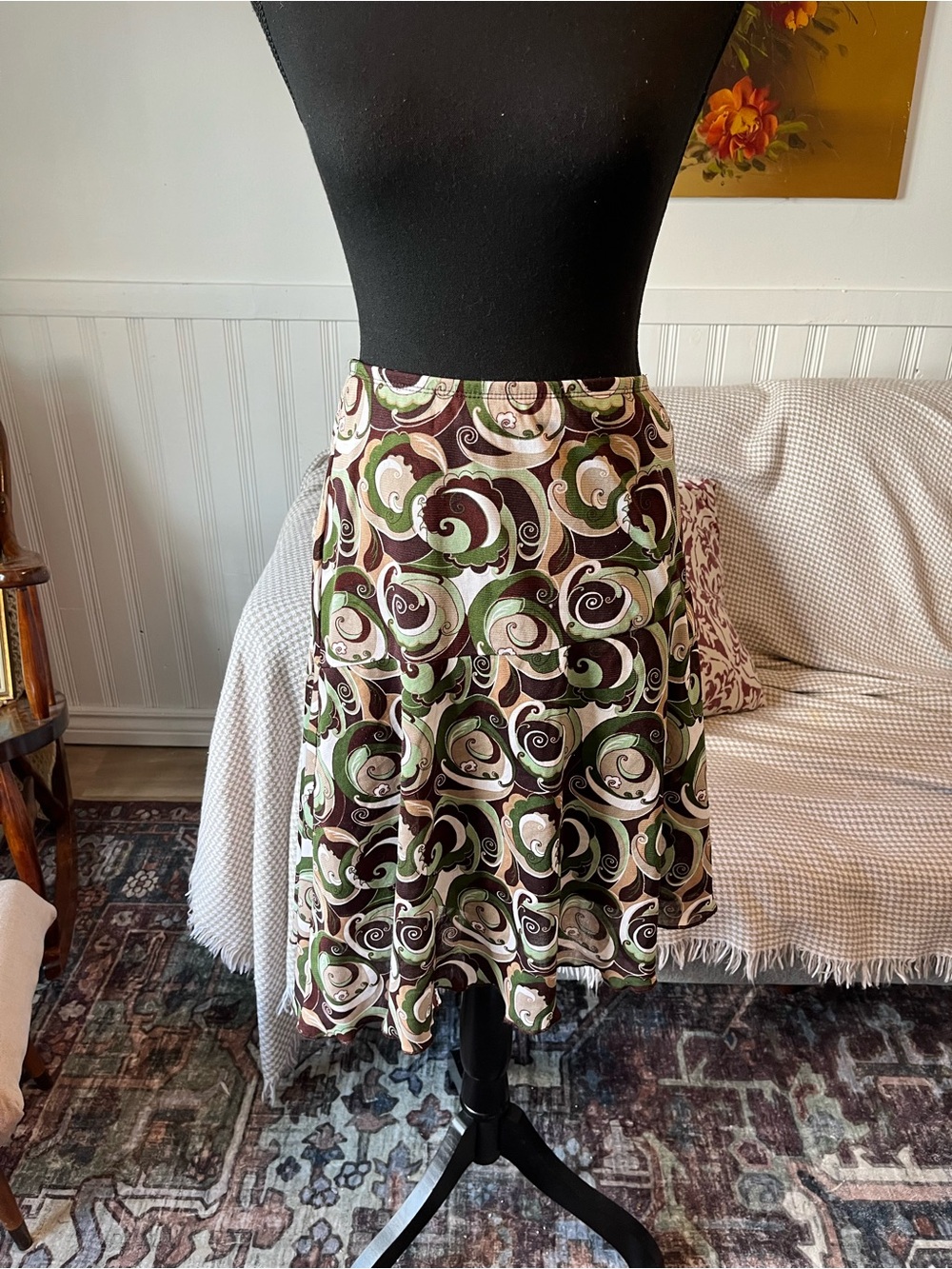 I.N Studio Y2K Vintage Paisley A-Line Skirt in Brown & Green Medium 30” Waist